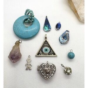Mixed Pendant Charm Lot Faux Turquoise Crystal Heart Locket Evil Eye Abalone